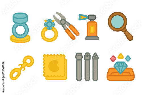 Jewelry Crafting Icons. Flat vector mini-illustrations jewelry craftsmanship in colors children's illustrations: ring mold,