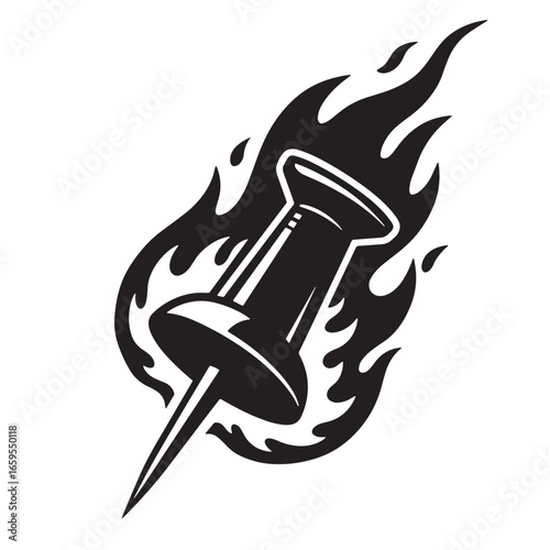 Burning push pin graphic illustration representing speed and fiery force on white background