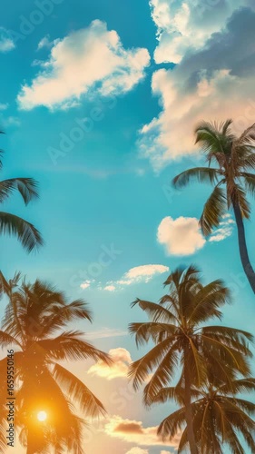 Airplane flying over a tropical beach at sunset.