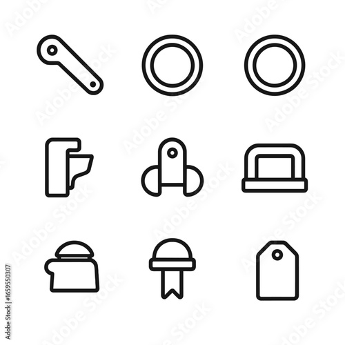 Lid Accessories Icons. Outline icon set of lid accessories: lid opener, sealing ring, gasket, locking clip, hinge, handle, spout