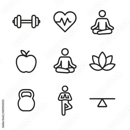Lifestyle Icon Grid. Outline icon set of buzz in lifestyle: fitness, health, yoga, meditation, diet, mindfulness, wellness, gym,