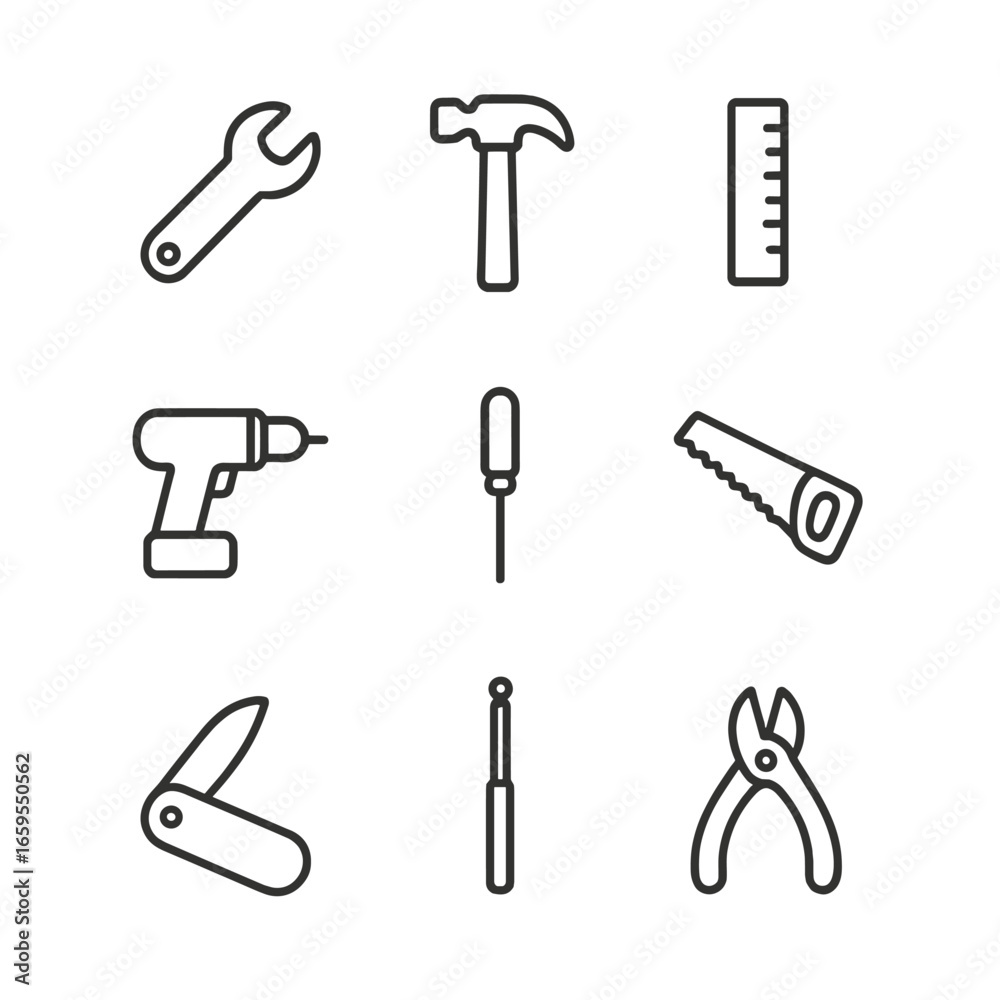 Lightweight Tool Icons. Outline icon set of lightweight tools: plastic wrench, aluminum hammer, carbon fiber ruler, lightweight Lightweight Tool Icons. Outline icon set of lightweight tools: plastic wrench, aluminum hammer, carbon fiber ruler, lightweight