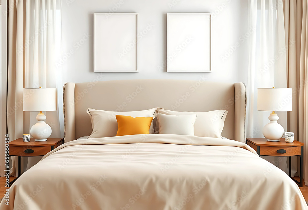 Obraz premium A soft beige fabric bed with a wingback headboard, two ISO A poster mockups in thin white frames above, styled with ceramic lamps and light curtains.