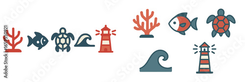 Nautical Icons: Marine Life and Lighthouse, Minimalist flat design