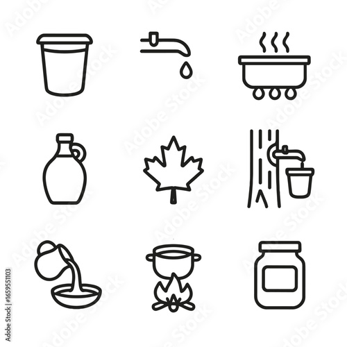 Maple Syrup Icons. Outline icon set of maple syrup production: sap bucket, tapping spout, boiling pan, syrup bottle, maple leaf