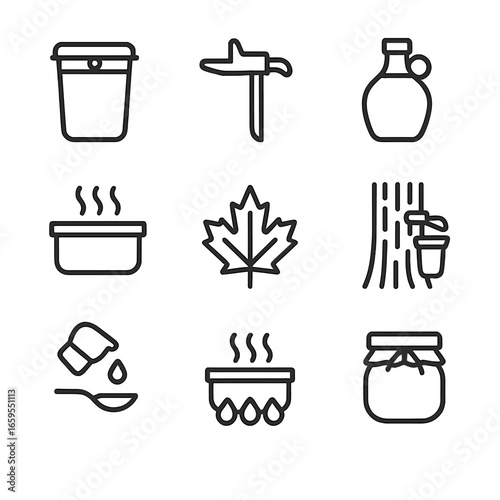 Maple Syrup Icons. Outline icon set of maple syrup production: sap bucket, tapping spout, boiling pan, syrup bottle, maple leaf