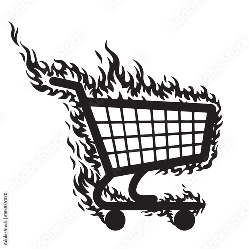Burning shopping cart silhouette depicting intense consumerism or economic crisis