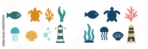 Marine Life and Lighthouse Elements, Minimalist flat design