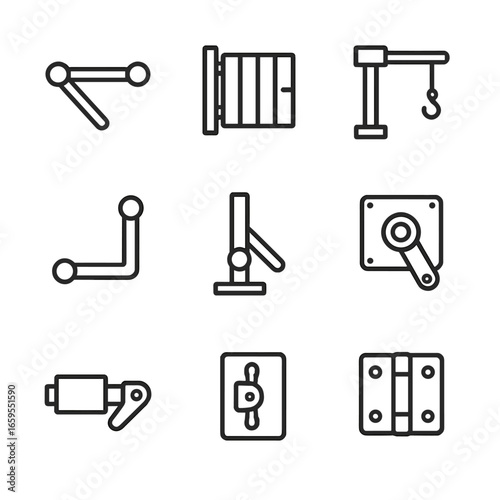 Mechanical Swing Icons. Outline icon set of mechanical swing: swing arm, swing gate, swing crane, swing joint, swing lever, swing