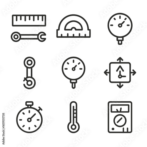 Mechanics Icon Set. Outline icon set of mechanics measurements: ruler, protractor, dial gauge, torque wrench, pressure gauge,