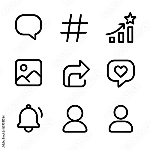 Media Buzz Icons. Outline icon set of buzz in media: social media, hashtag, trending topic, viral, post, share, comment,