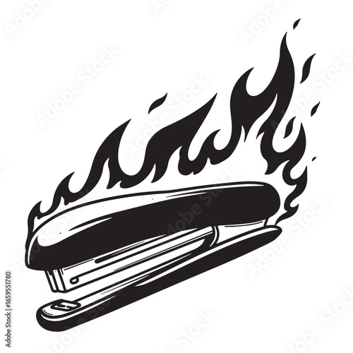 Burning stapler black and white illustration representing intense office frustration or overwork