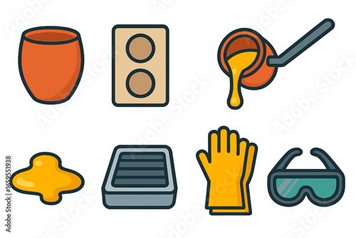 Metal Casting Tools. Flat vector mini-illustrations metal casting tools in colors children's illustrations: crucible, casting mold