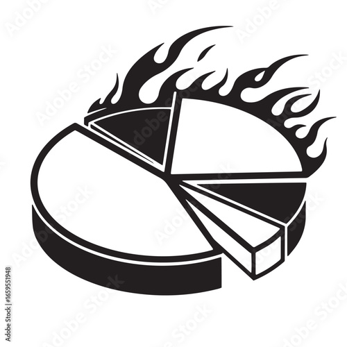 Burning statistics pie chart illustrating financial crisis failure problem or concept of loss