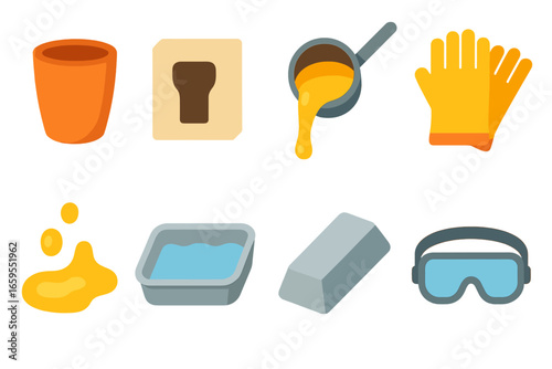 Metal Casting Tools. Flat vector mini-illustrations metal casting tools in colors children's illustrations: crucible, casting mold