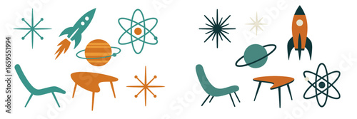 Retro Atomic Era Space Age Design Elements, Minimalist flat design