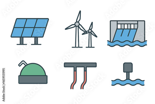 Renewable Energy Icons Set, Minimalist flat design
