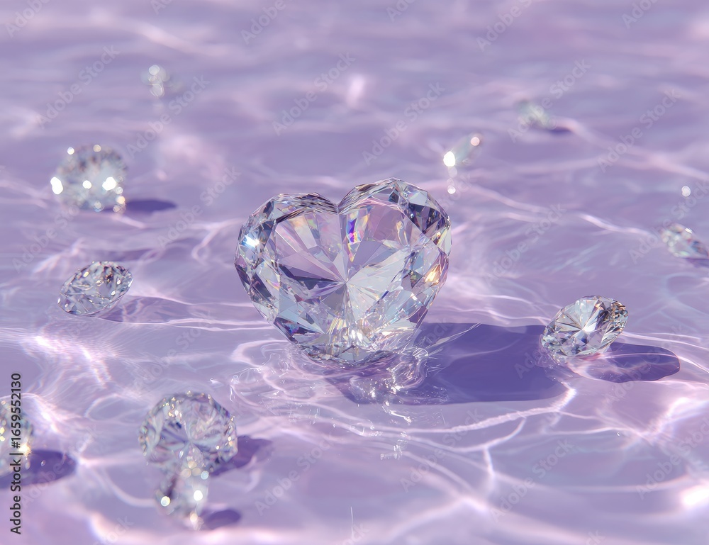 Sparkling heart-shaped diamond amidst smaller diamonds on a shimmering, lilac surface Sparkling heart-shaped diamond amidst smaller diamonds on a shimmering, lilac surface