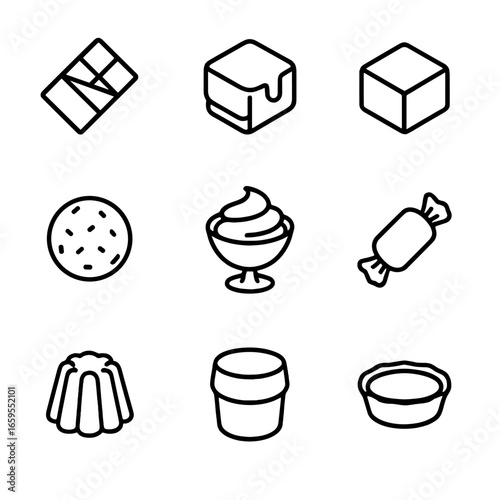 Milky Dessert Icons. Outline icon set of milky desserts and treats: milk chocolate, milk caramel, milk fudge, milk truffle, milk