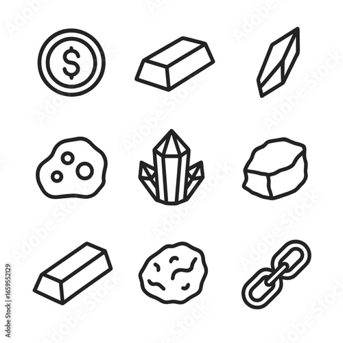 Mineral Icon Grid. Outline icon set of gray minerals and gems: silver coin, lead ingot, graphite shard, iron ore, slate rock,