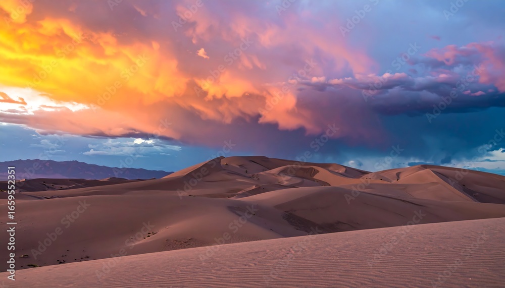 Naklejka premium Dramatic Sunset Over Sand Dunes with Storm Clouds