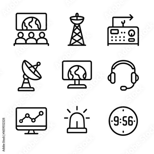 Mission Control Icons. Outline icon set of mission control: control room, telemetry, command console, satellite dish, monitoring