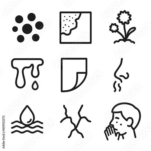 Mold Symptoms Icons. Outline icon set of mold symptoms: black spots, discoloration, fuzziness, water stains, peeling paint, odor,