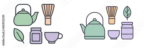 Matcha Tea Ceremony Utensils and Ingredients, Minimalist flat design