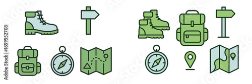 Hiking Gear and Navigation Symbols, Minimalist flat design