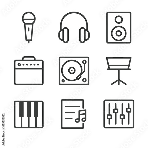 Music Equipment Icons. Outline icon set of music equipment: microphone, headphones, speaker, amplifier, turntable, music stand,