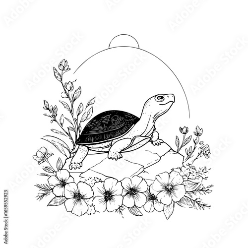 Turtle illustration coloring page with flowers and sun line art for kids and adults drawing design 100