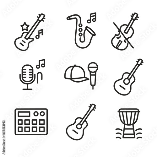 Music Genre Icons. Outline icon set of stereo music genres: rock, jazz, classical, electronic, pop, hip-hop, blues, country,