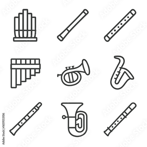 Musical Tube Icons. Outline icon set of musical tubes: organ pipe, didgeridoo, flute tube, panpipe, trumpet tube, saxophone tube,