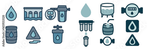 Water purification and filtration system icons, Minimalist flat