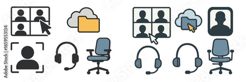Remote Work and Online Communication Icons, Minimalist flat design