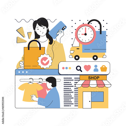 Shopping and Ecommerce concept for modern web design. People searching new clothes in internet boutique assortment, getting discounts and bonus offers, buying in online stores. Vector illustration.