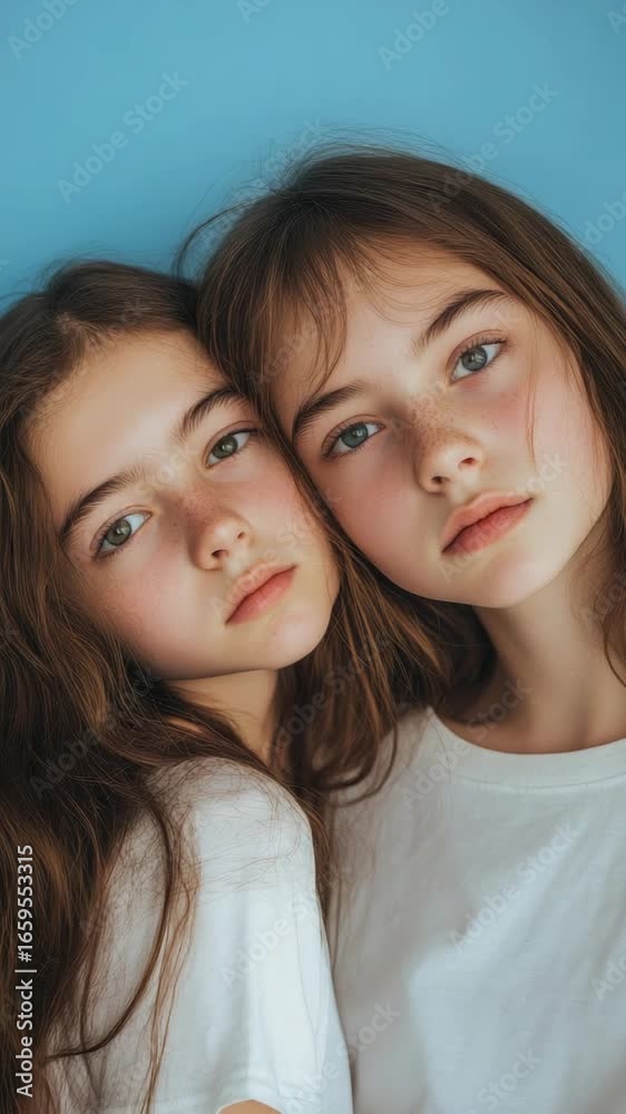 The portrays two young teenage girls resting their heads together, conveying a sense of companionship and relaxation. The portrays two young teenage girls resting their heads together, conveying a sense of companionship and relaxation.