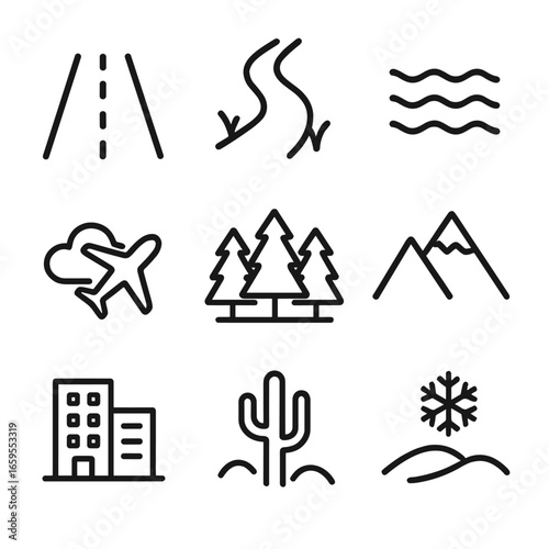 Natural Locomotion Icons. Outline icon set of natural locomotion environments: road, trail, water, air, forest, mountain, urban,