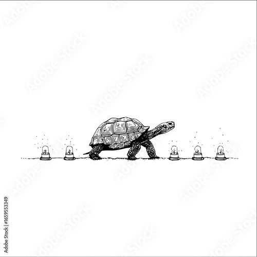 Turtle tortoise reptile walking illustration with light bulbs in black and white line art drawing style