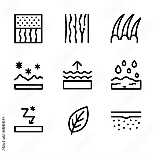 Nature Friction Icons. Outline icon set of friction in nature: sandpaper texture, tree bark, animal claws, snow friction, water