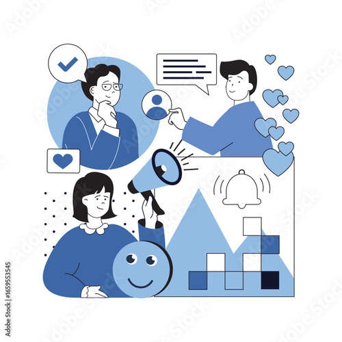 Social media influencer concept for modern web design. People with megaphone doing advertisement campaign in blog, sharing announcement, content and messages with followers. Vector illustration.