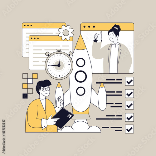 Startup concept for modern web design. People launching new business, planning project strategy, setting goals, developing company with entrepreneur aspirations and ambitions. Vector illustration.