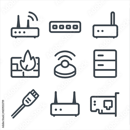 Network Device Icons. Outline icon set of network devices: router, switch, modem, firewall, access point, server, network cable,