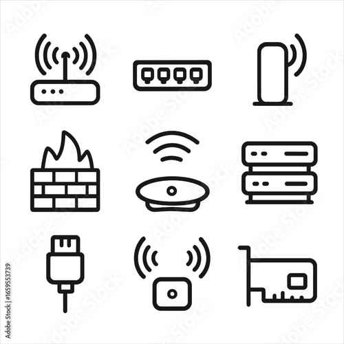 Network Device Icons. Outline icon set of network devices: router, switch, modem, firewall, access point, server, network cable,