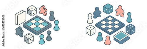 Board Game Pieces and Dice Arrangement, Minimalist flat design