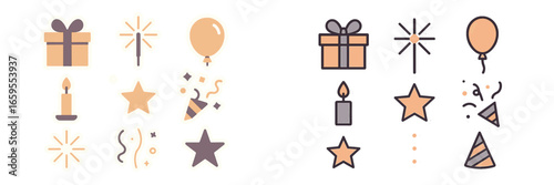 Festive Icons with Gifts and Sparklers, Minimalist flat design
