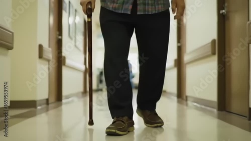 Elderly man walking with a cane in a hospital corridor, with staff attending in the background