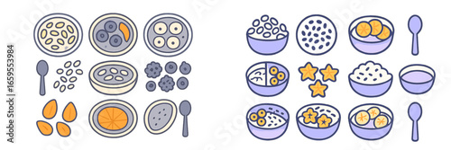 Healthy Breakfast Bowls with Fruits and Grains, Minimalist flat