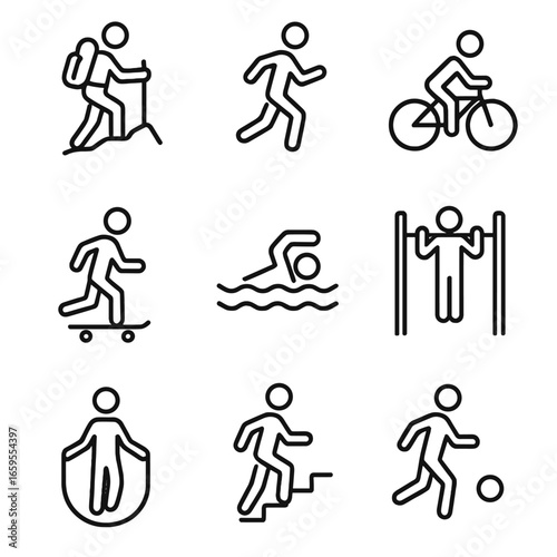 Outdoor Exercise Icons. Outline icon set of outdoor exercises: hiking, jogging, cycling, skateboarding, swimming, park workouts,