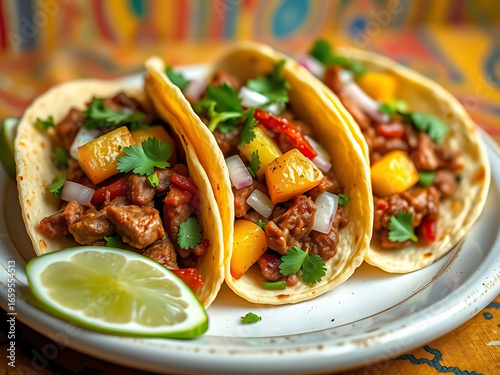 Mexican Tacos Al Pastor with Pineapple and Cilantro on Plate